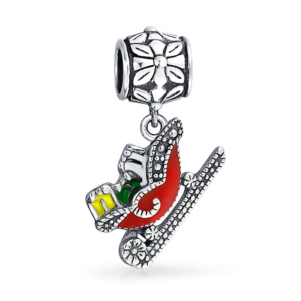 Bling Jewelry Holiday Christmas Red Santa Claus Present Gift Sleigh Dangle Charm Bead For Women For Teen Enamel .925 Sterling Silver For European Bracelet