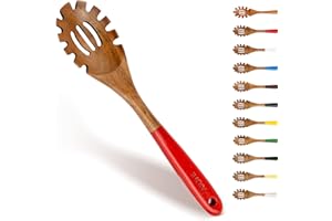 AIUHI Wooden Spaghetti Server, 13 Inch Teak Wood Spaghetti Fork Pasta Serving Spoon, Red