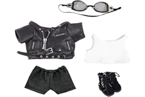 niannyyhouse 20cm Plush Doll Clothes Leather Coat Jeans Glasses Vest Shoes Jacket Outfit 8in Dolls Dress Up (Black-20cm)