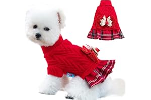 JAAQUCD Fall Dog Sweater Dress for Small Dog Girls Knitted Turtleneck Cat Sweater with Antler Bow Winter Puppy Outfit Cold Weather Pet Dress for Christmas Holiday Valentines Birthday (Red, X-Small)