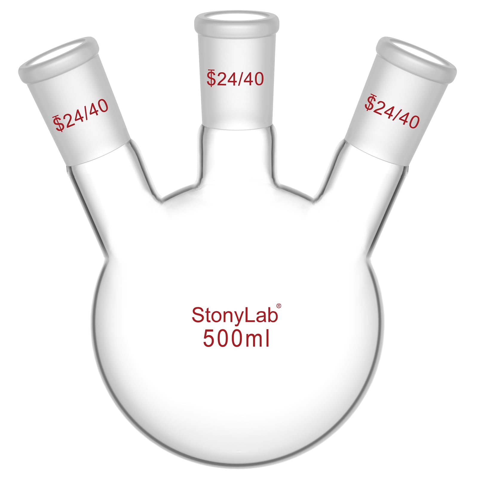 StonyLab Borosilicate Glass 3 Neck Round Bottom Flask RBF, with 24/40 Center and Side Standard Taper Outer Joint – 500ml — image 1