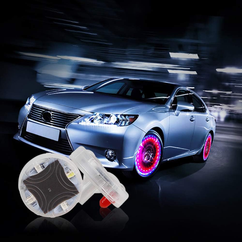 BFVV Car Tire Lights Solar Powered Car Wheel Air Valve Cap Light with Motion Sensors Decorative Colorful LED Tire Light for Car Automotive - 4 Pack: Automotive