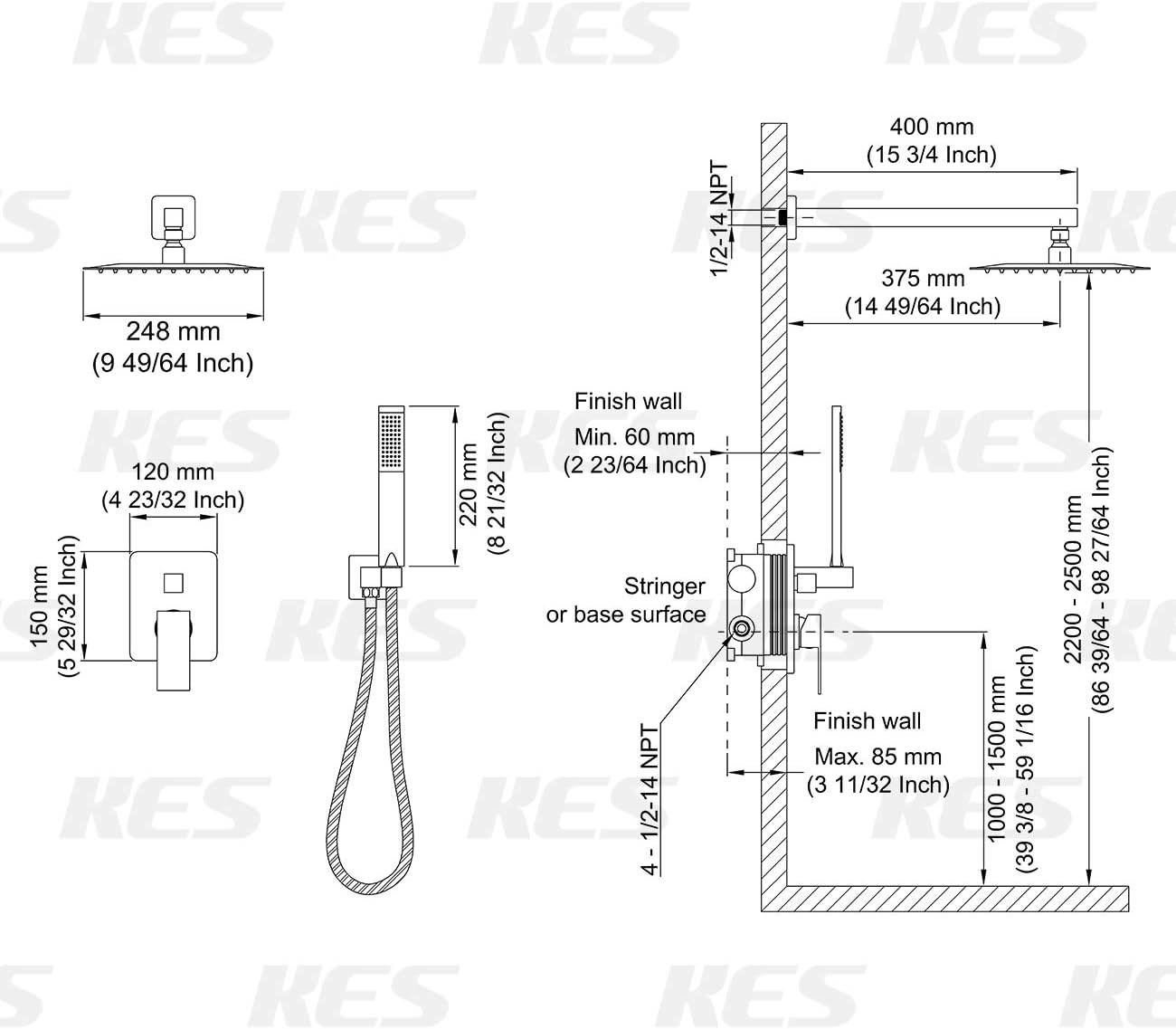 KES Pressure Balancing Rain Shower System Rough-in Valve Trim Kit Shower Faucet Set Complete Square Matte Black, XB6230-BK - - 