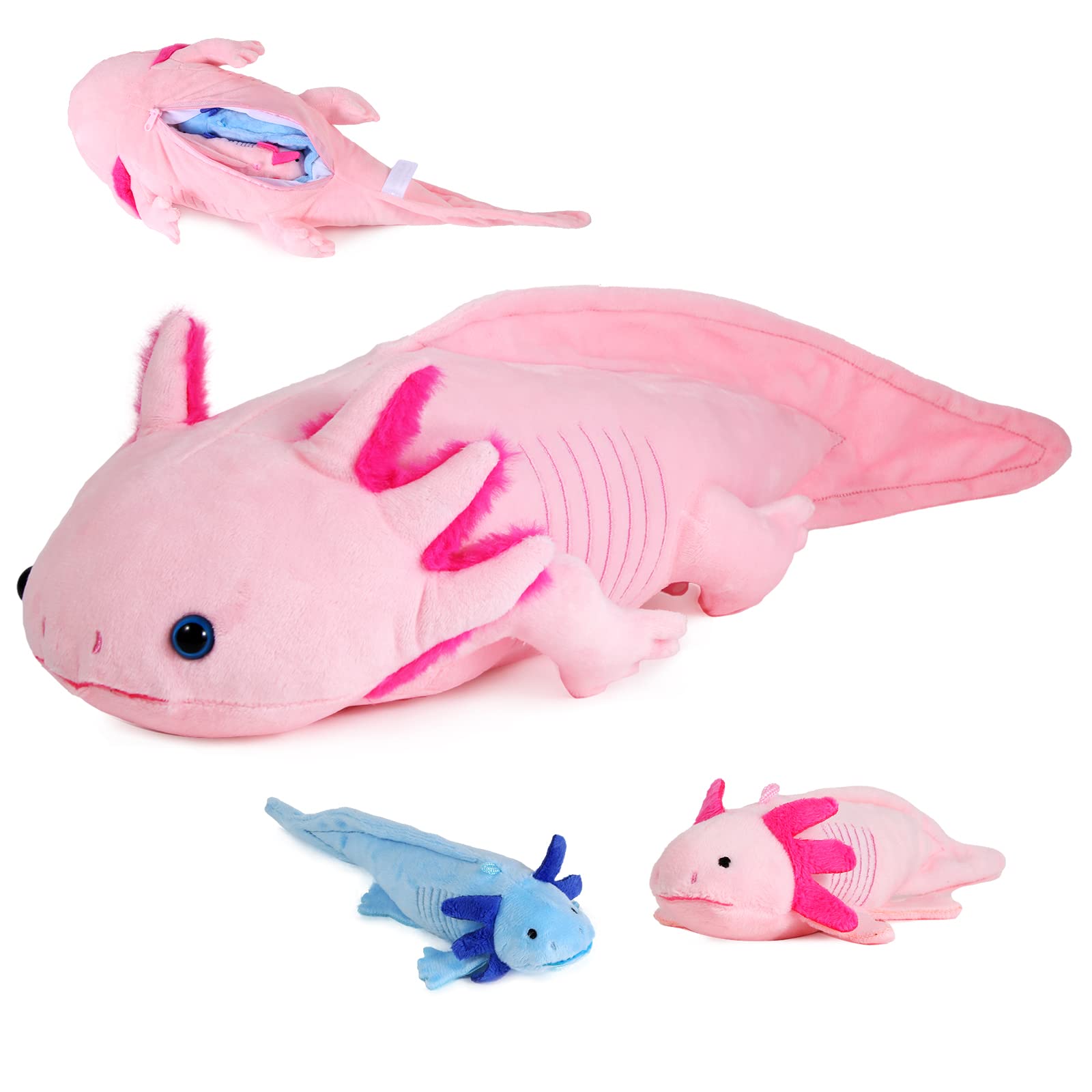 lilizzhoumax Realistic Axolotl Plush Toy 3-Piece Soft Stuffed Animal Zippers Playset, Cute Axolotl Mom with Babies, Gift for Kids