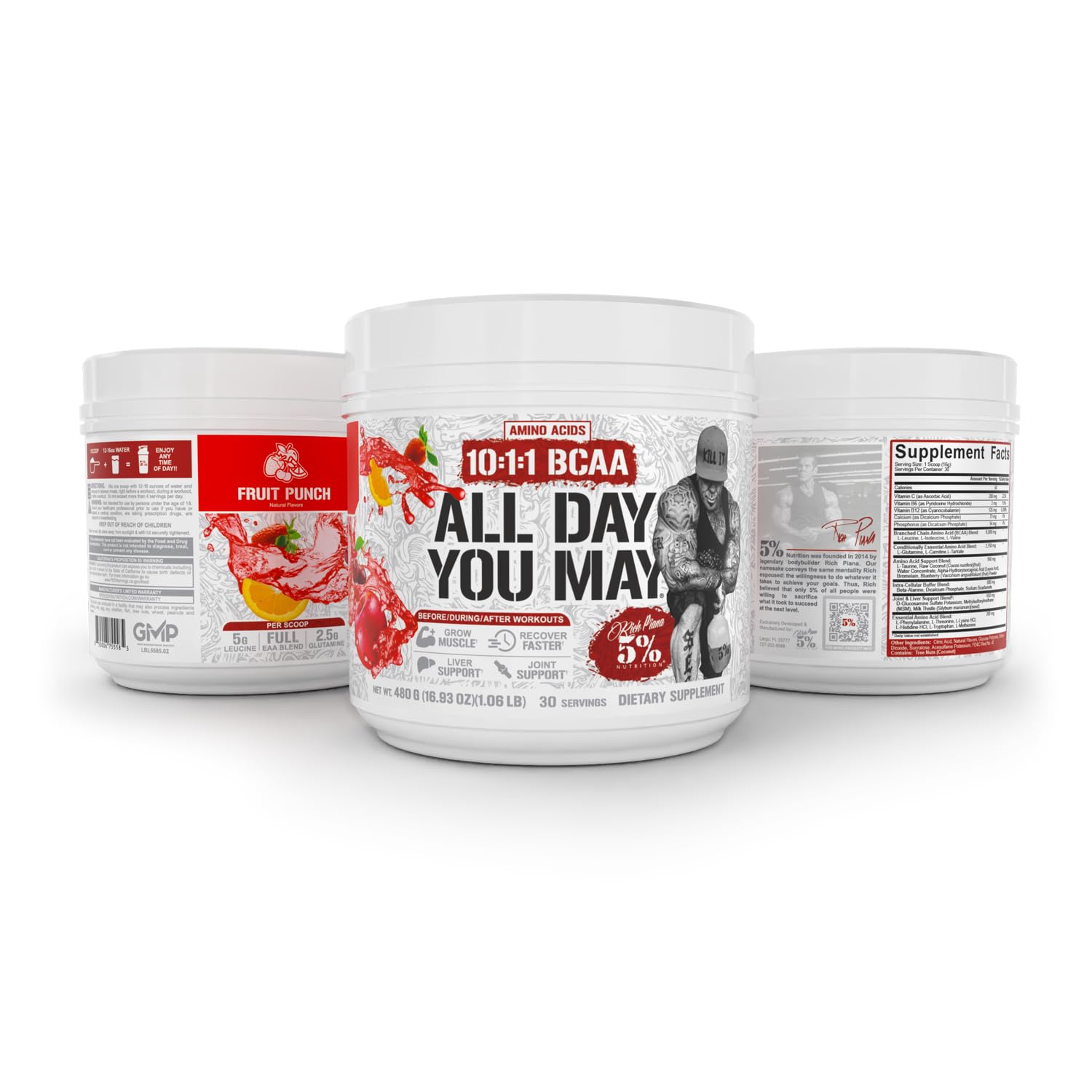 5% Nutrition Rich Piana AllDayYouMay BCAA Powder | Premium Intra & Post Workout Amino Acids, Hydration, Endurance, Muscle Recovery, Joint & Liver Support | 16.93 oz, 30 Servings (Fruit Punch)