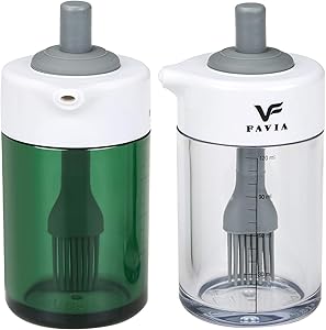 FAVIA Olive Oil Dispenser Bottle Non-Drip Spout Leakproof Condiment Container 120ml with Silicone Brush for BBQ Grill Kitchen BPA Free Dishwasher Safe (Green + Clear)
