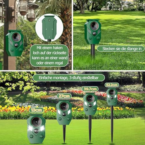 Ultrasonic Solar Cat Repeller Garden with Motion Sensor & 5 Modes, Cat Repellent and Marten Deterrent, IP65 Waterproof Against Cats, Martens, Birds and Voles