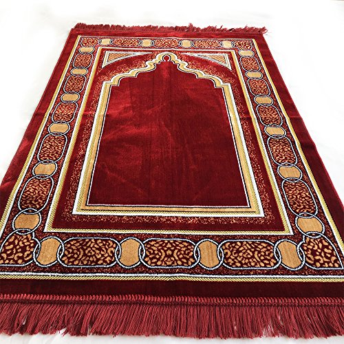 Double Turkish Islamic Prayer Rug Plush Velvet Janamaz Prayer Mat (Red