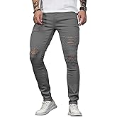 HUNGSON Men's Blue Slim Fit Jeans Stretch Destroyed Ripped Skinny Jeans Side Striped Denim Pants