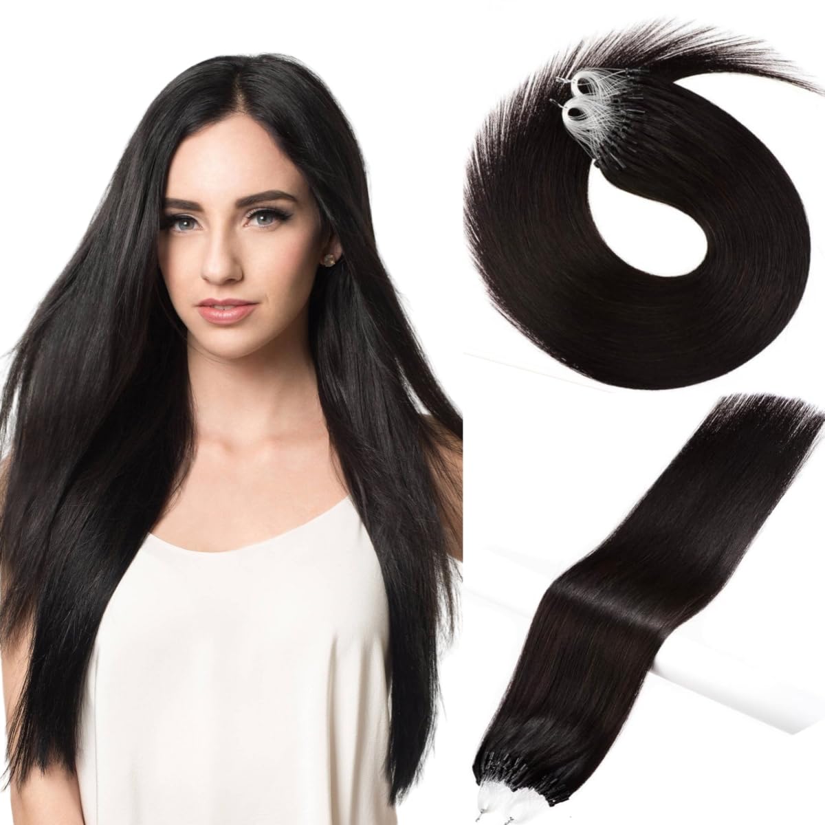 Micro Loop Hair Extensions Real Human Hair 1g/Strand 50s/Pack Straight Hair Pre-Blonded Micro Beads Hair Extensions Micro Rings(14 inch, 1B Natural Black)