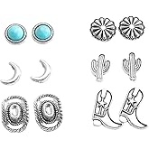 Western Cowboy Hat Boots Stud Earrings Set Vintage Cowgirl Turquoise Round Flower Crescent Moon Cactus Cartilage Small Studs Earring Boho Rodeo Country Concert Jewelry for Women Friends 6 Pairs
