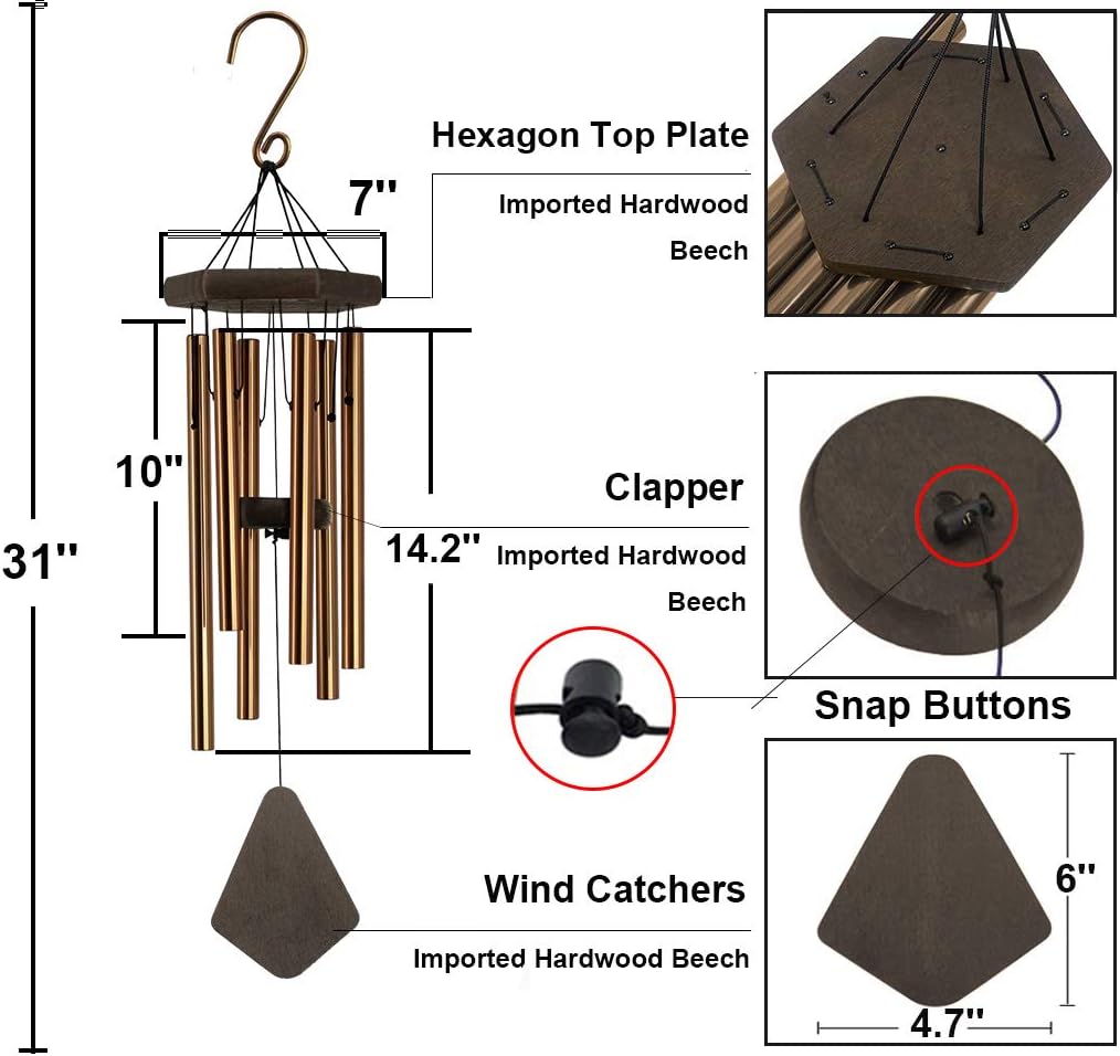 RELIANCER 31'' Memorial Wind Chime Outdoor Large Deep Tone Wind-Chime with 6 Aluminum Tubes Elegant Melodic Sympathy Chimes Windbell Home&Garden Decor Patio Balcony Gift : Garden & Outdoor