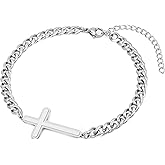 Ailetop Silver Cross Bracelet for Men Teens, Stainless Steel Cuban/Figaro Cross Chain Link Bracelet 5mm 7+2 Inches, Christian Religious Jesus Confirmation Jewelry Gifts for Him