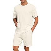 PrinStory Mens Pajamas Set Summer Pjs Sets Lightweight Short Sleeve Pajama Shorts Set Soft Sleepwear Loungewear with Pockets