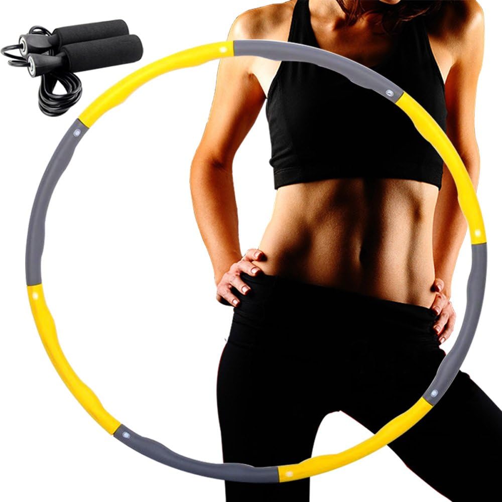 LEIGE Weighted Hula Hoop，8 Section Detachable Design ，Dance-2lb，Weighted Fitness Exercise Hula Hoop, with Free Accessory Skipping Rope(Yellow)