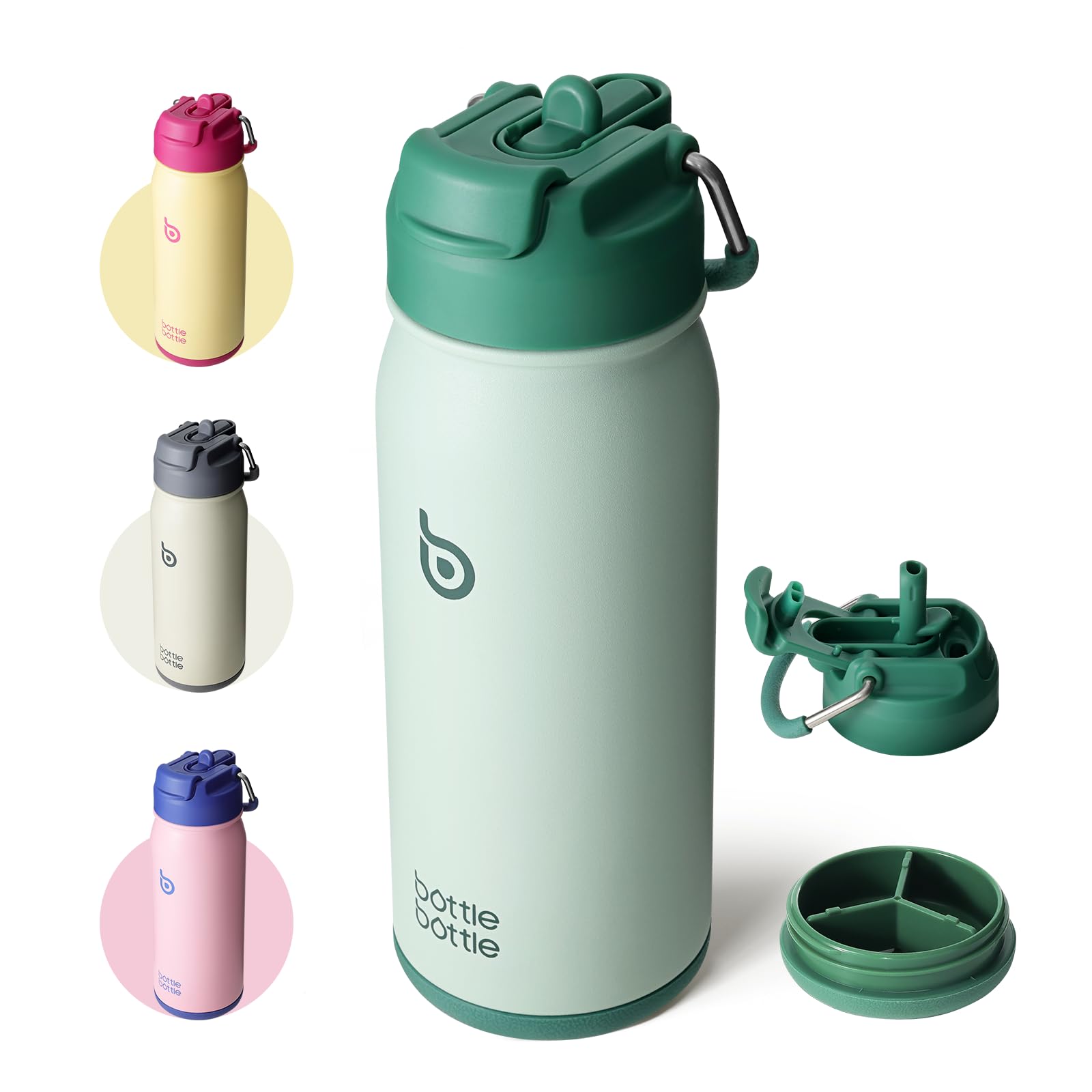 BOTTLE BOTTLE Stainless Steel Kids Water Bottle 16oz(470ml) Insulated Sports Water Bottle with Straw and Pills Holder for Gifts and School（Green）
