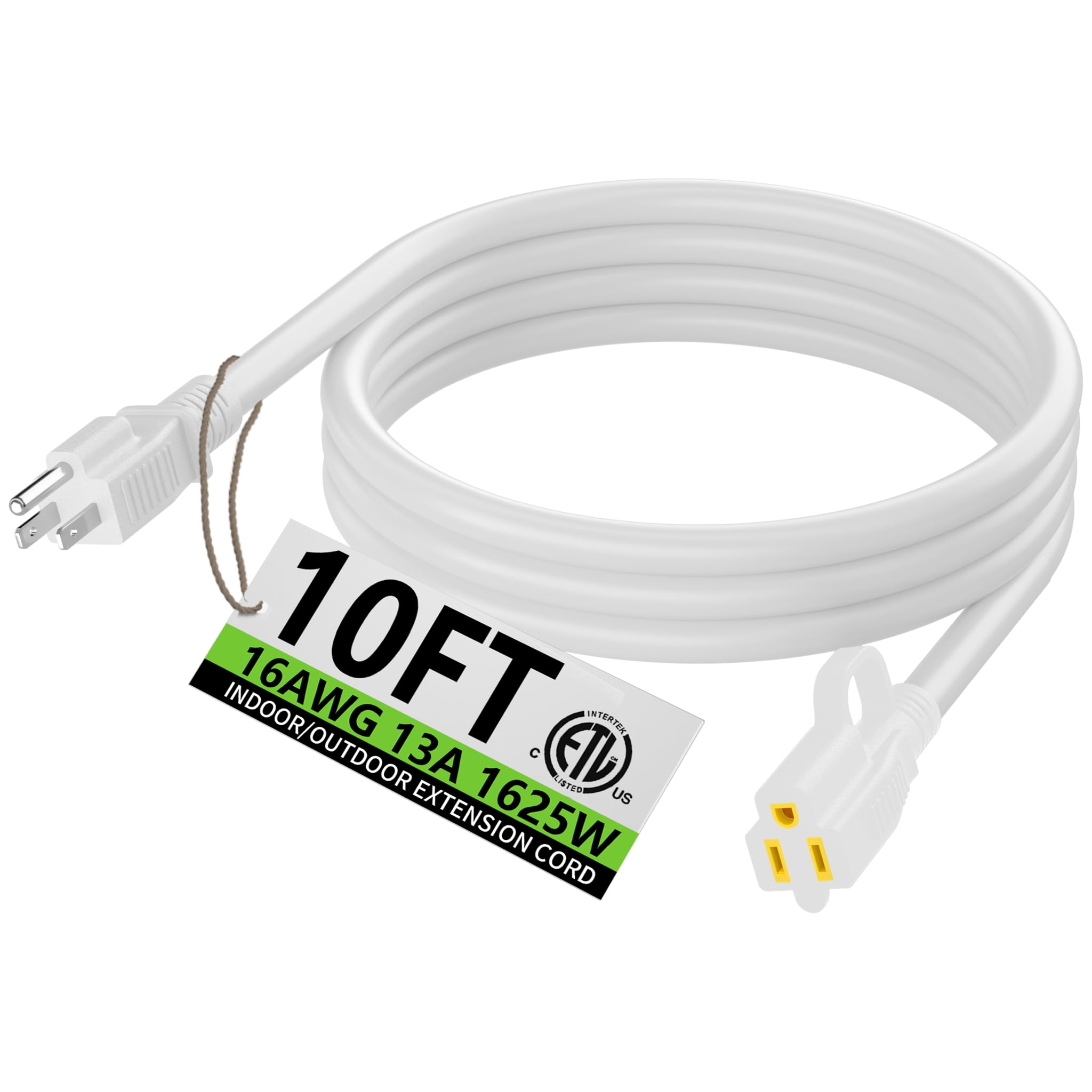 Photo 1 of HUANCHAIN Indoor Outdoor White Extension Cord 10 ft Waterproof, 16/3 Gauge Flexible Cold-Resistant Appliance Extension Cord Outside, 13A 1625W 16AWG SJTW, 3 Prong Heavy Duty Electric Cable, ETL