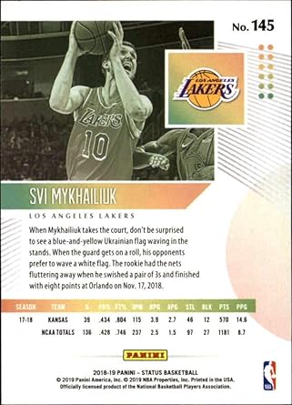 Amazon Com 2018 19 Status Basketball 145 Svi Mykhailiuk Los Angeles Lakers Rookies Level 1 Rookie Card Official Nba Trading Card From Panini Collectibles Fine Art