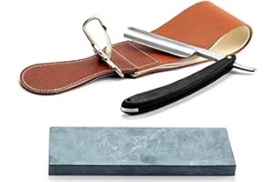 Grandslam Pro Natural Wooden Handle 420 Steel Straight Razor, 2 Layers Long Leather Canvas Strop, Sharpening Stone,2 Side Grit 3000 Waterstone Knife Sharpener
