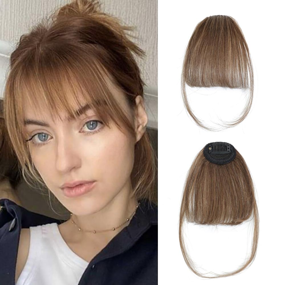 Clip in Fringe,Clip In Bangs for Women Hair Extensions Front Full Neat Human Hairpieces, Fashion Straight Wispy Bangs Fringe Air Bangs Clip for Daily Wear (Light brown)