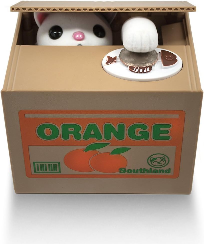Stealing Coin Cat Box- Piggy Bank - White Kitty - English Speaking