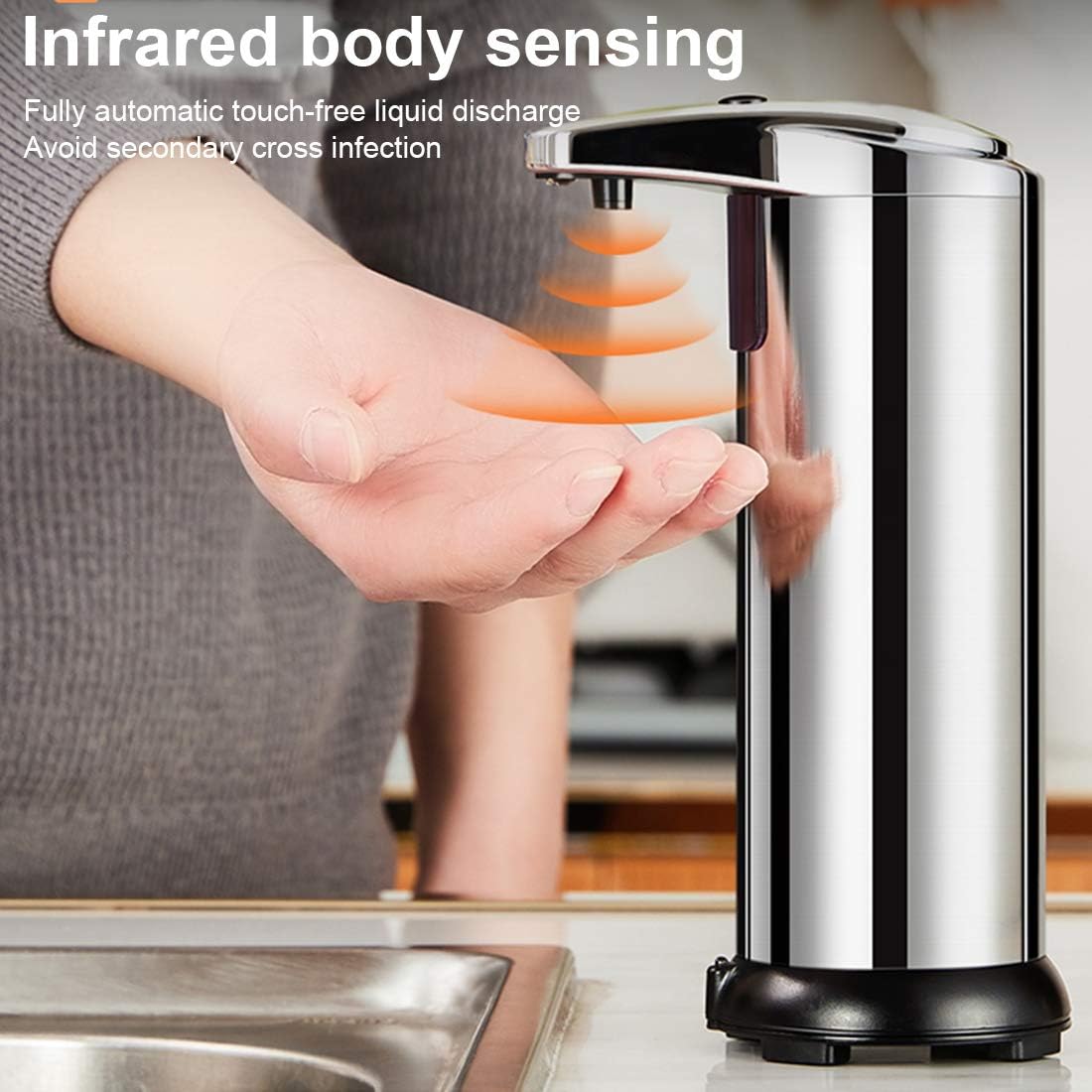 joyliveCY Soap Dispenser Automatic Touchless Soap Dispenser 8x19cm, Hands Free Soap Dispenser with Infrared Motion Sensor, Stainless Steel Battery Operated Soap Dispenser for Kitchen Bathroom,sliver