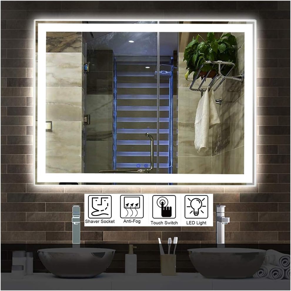 Amazon Com Fyysl 800x600mm Illuminated Led Bathroom Mirror Anti Fog Led Mirrors With Lights Touch Switch Control Demister Home Kitchen