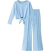 Yekaty Girls Clothes Tie Front Long Sleeve T Shirts Tops Flare Pants Girls' Clothing Sets 2 Peice Fall Outfits Size 5-12Y