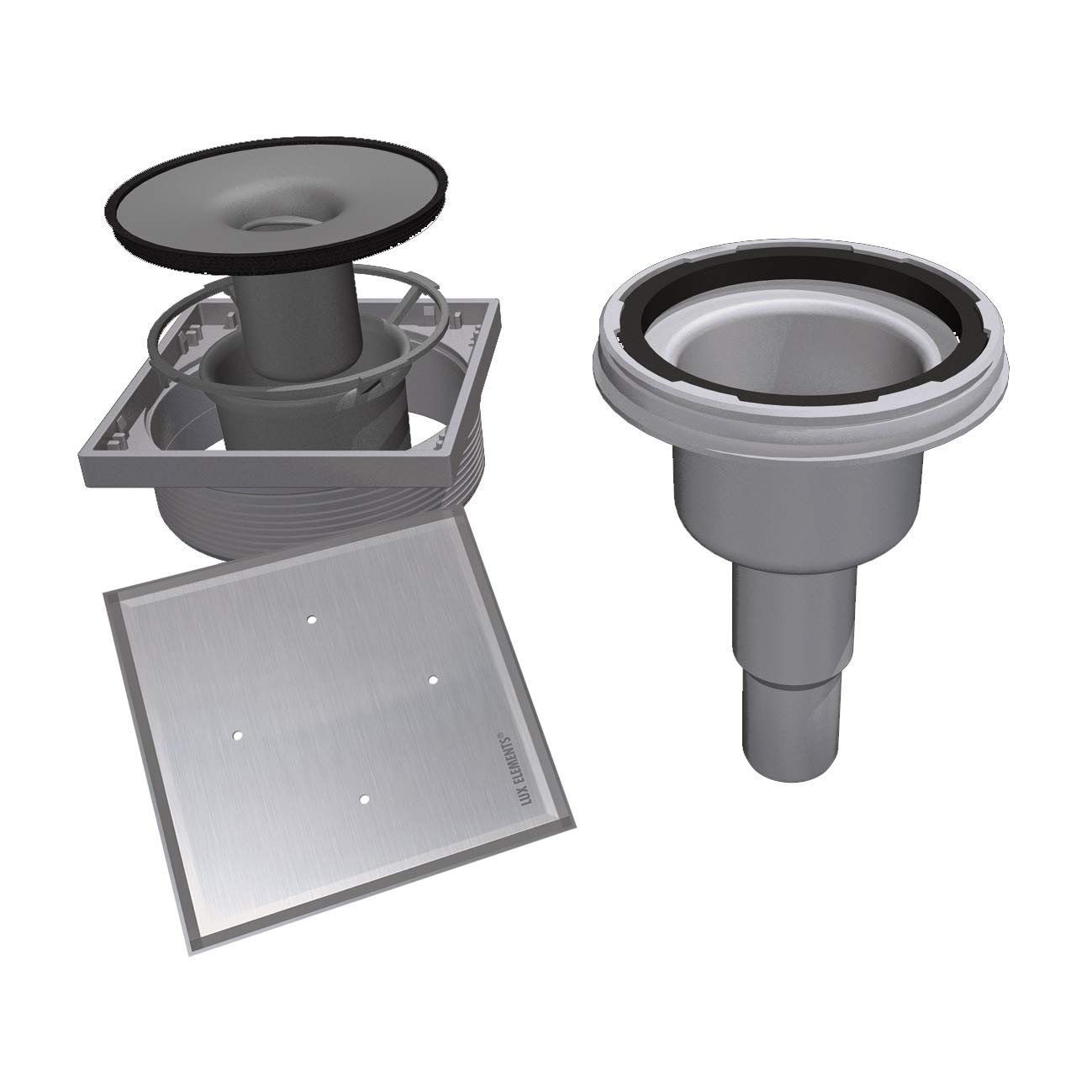 LUX ELEMENTS TUB-BAS-DV 100 I Vertical Drain Pot with Tileable Grate Made of Stainless Steel with Odour Trap for Shower Floors with Point Drain