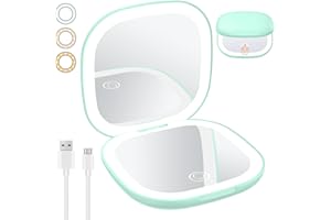 Benbilry Rechargeable Compact Makeup Mirror with Lights and Magnification 1X / 10X, Double Light Strip Dimmable Travel Makeup Mirror with 3 Light Colors Mini Magnetic Closing Pocket Mirror for Women