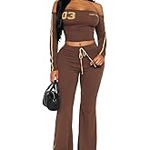 REASERAL Womens Lounge 2 Piece Sets Long Sleeve Off Shoulder Gym Crop Top Flared Yoga Pants Y2k Workout Outfits