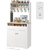 YATINEY Coffee Bar Cabinet, Buffet Cabinet with Charging Station | Sideboard Cabinet Compatible with K-Cup Pods Holders &amp; Adjustable Shelves, Farmhouse Kitchen Island with Storage Hutch