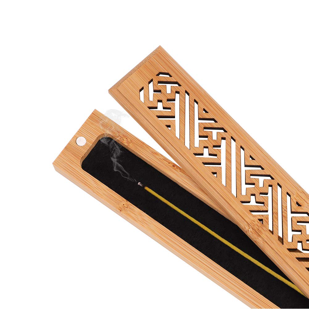 Bamboo Incense Stick Holder Box Rectangular Incense Ash Catcher Burner with Hollow-carved Lid Magnet Close Incense Burner Exquisite Incense Box with Fireproof Mat for Yoga Meditation Relax Purify Air