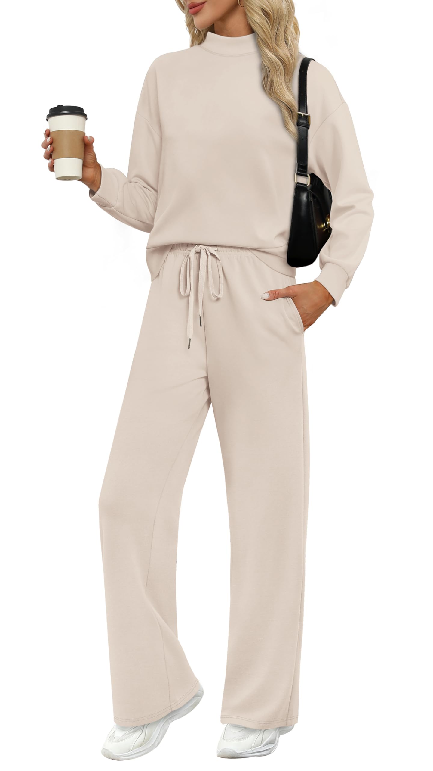 Photo 1 of *NOT A SET, ONLY COMES WITH SWEATER SWEATER* WIHOLL Travel Sweater for Women High Neck Basic Lounge Sweater Loungewear One piece Workout Sweater Beach Vacation Airport Sweater Women's Track Suit Fall Winter Going Out Clothing Beige M