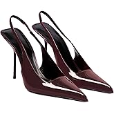 Women's Slingback Stiletto High Heels Pointed Toe Slip On Pumps Shoes Patent Leather Stretch Strap Backless Dress Heels