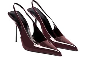 VOLEECE Women's Slingback Stiletto High Heels Pointed Toe Slip On Pumps Shoes Patent Leather Stretch Strap Backless Dress Heels