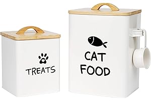 Calindiana Airtight Cat Food Storage Container with Bamboo Lid & Scoop – Farmhouse Cat Food Organizer, Gifts for Cat Lovers (Cream White)