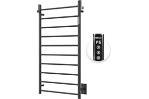 P&Bhusri Heated Towel Rack for Bathroom,Wall Mounted Electric Towel Rack with Timer and LED Indicator, 10-Bar Towel Warmer, Stainless Steel Matte Black, Hard-Wired/Plug-in