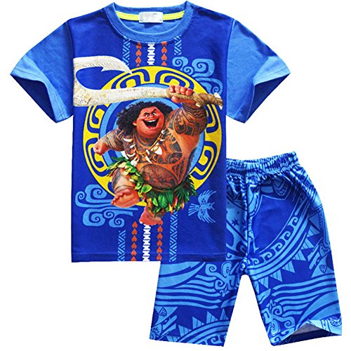 AOVCLKID Maui Boys Cartoon Comfy Loose Fit 2-Piece Shorts Pajama Set Sleepwear Moana (Blue,100/3-4Y)