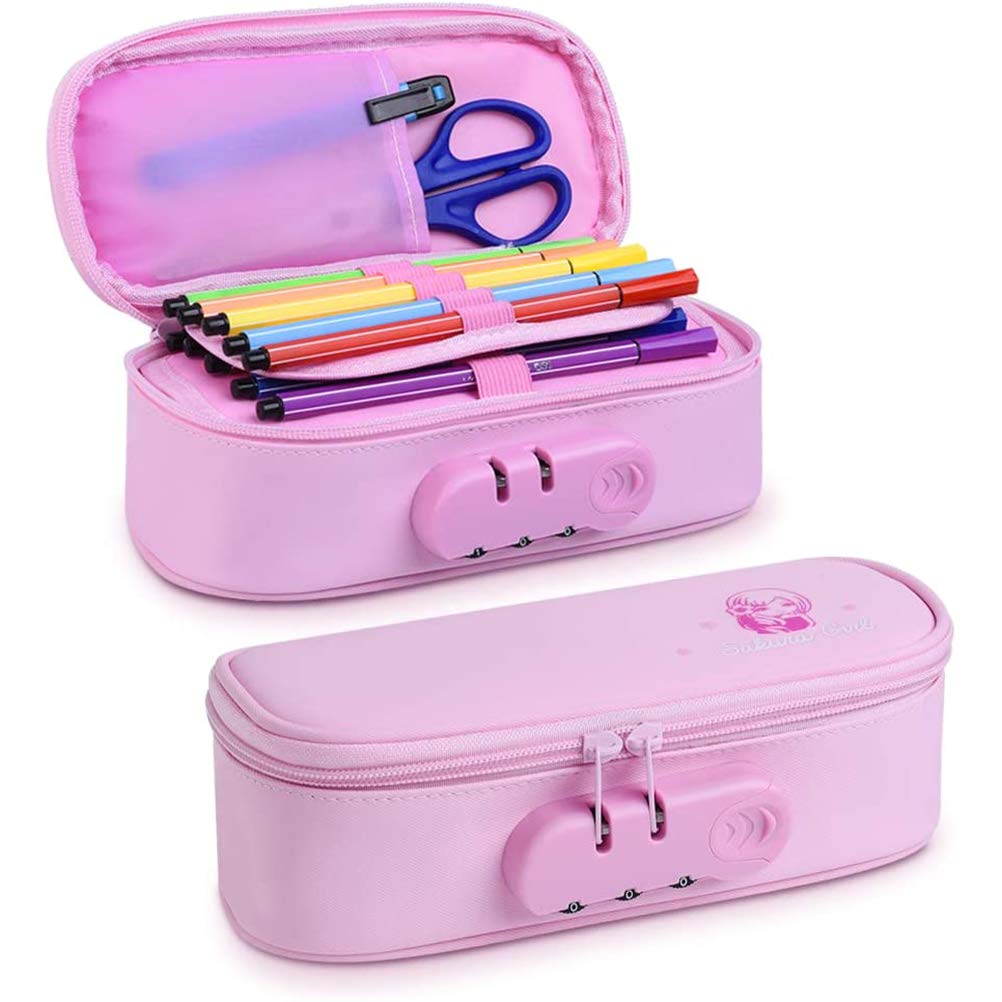 Surenhap Large Capacity Pencil Case, Bag with Code Lock, 4-Layer Inner Layers, Holds 50 Pens, Pink