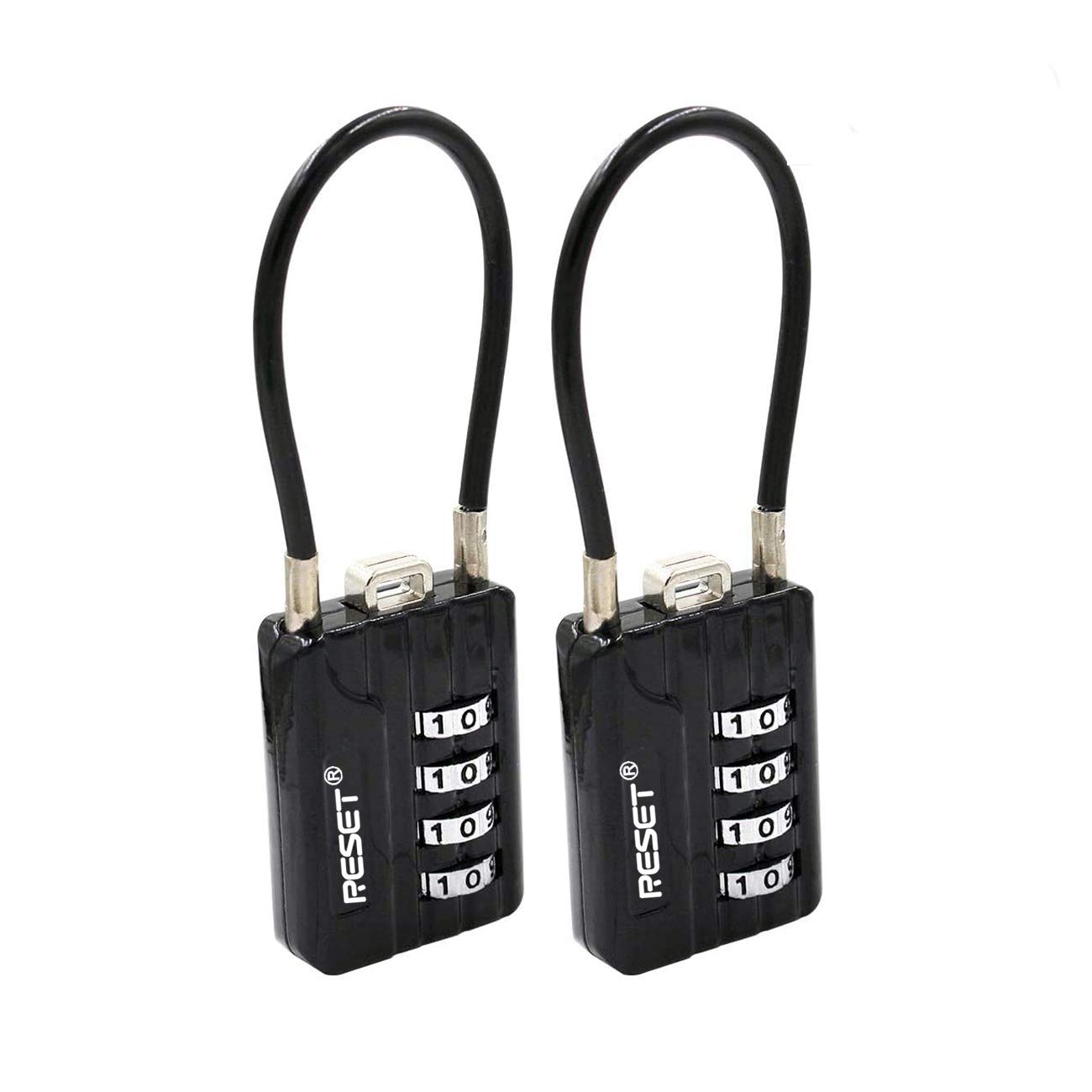RESET-200 4 Digit Combination Padlock with 10 cm Steel Cable,High Security Lcok for Luggage Suitcase Gun Case Toolbox Helmet Black 2 Pack