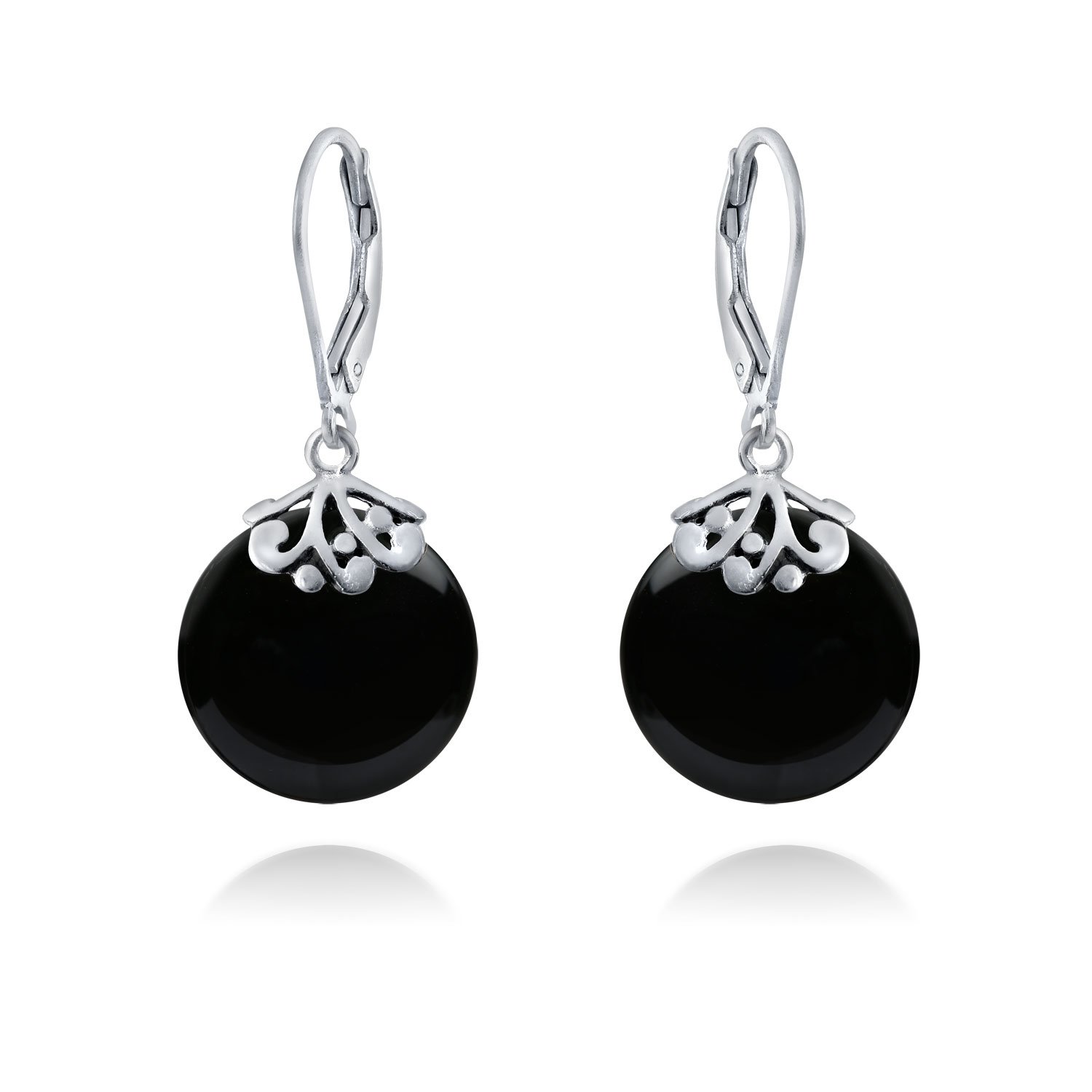 Western Style Filigree Lever Back Gemstones Black Onyx Flat Round Circle Disc Dangle Drops Earrings For Women .925 Sterling Silver — image 1