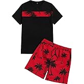 YJFZYYJJ Mens 2 Piece Outfits Hawaiian Printed Short Set Graphic Crewneck Tee Drawstring Sets for Men