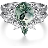 jiulegufa Natural Moss Agate Engagement Ring 925 Sterling Silver Moss Agate Ring Set Promise Wedding Jewelry Gifts for Women (Size 7-9)