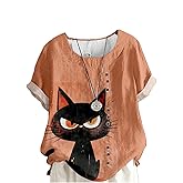domirica T Shirts for Women Cute Cat Print Short Sleeve Crewneck Summer Fashion Vintage Dressy Casual Tunic Blouses