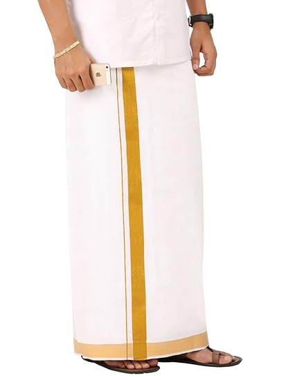 Mens Gold Jari Border 2 Inch Border Single Dhoti (1.30X2.00 Meter)