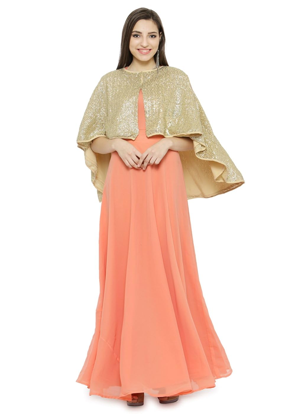 just wow peach & golden poly georgette women's dress