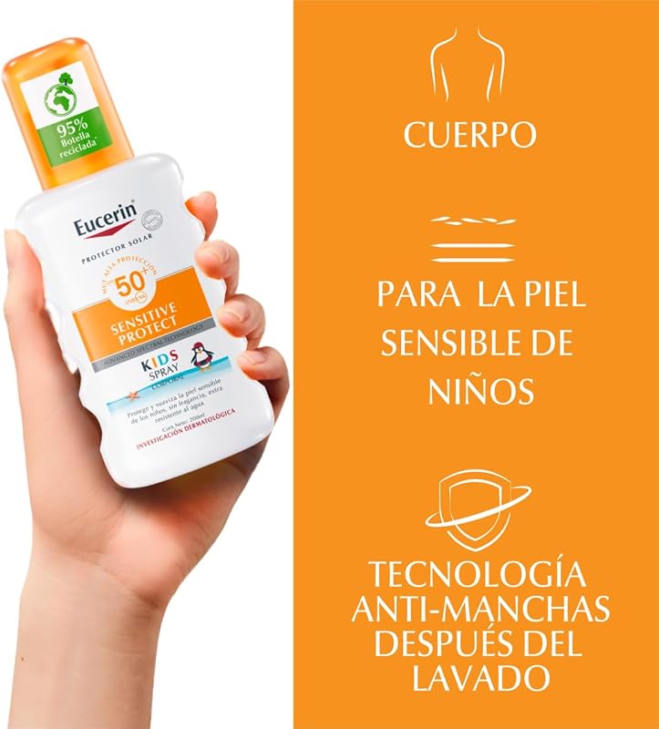 Sun Kids Sensitive Protect Spray FPS 50+ (200 ml), crema de sol con filtros UV, protector solar infantil en spray resistente al agua, protección solar para pieles sensibles