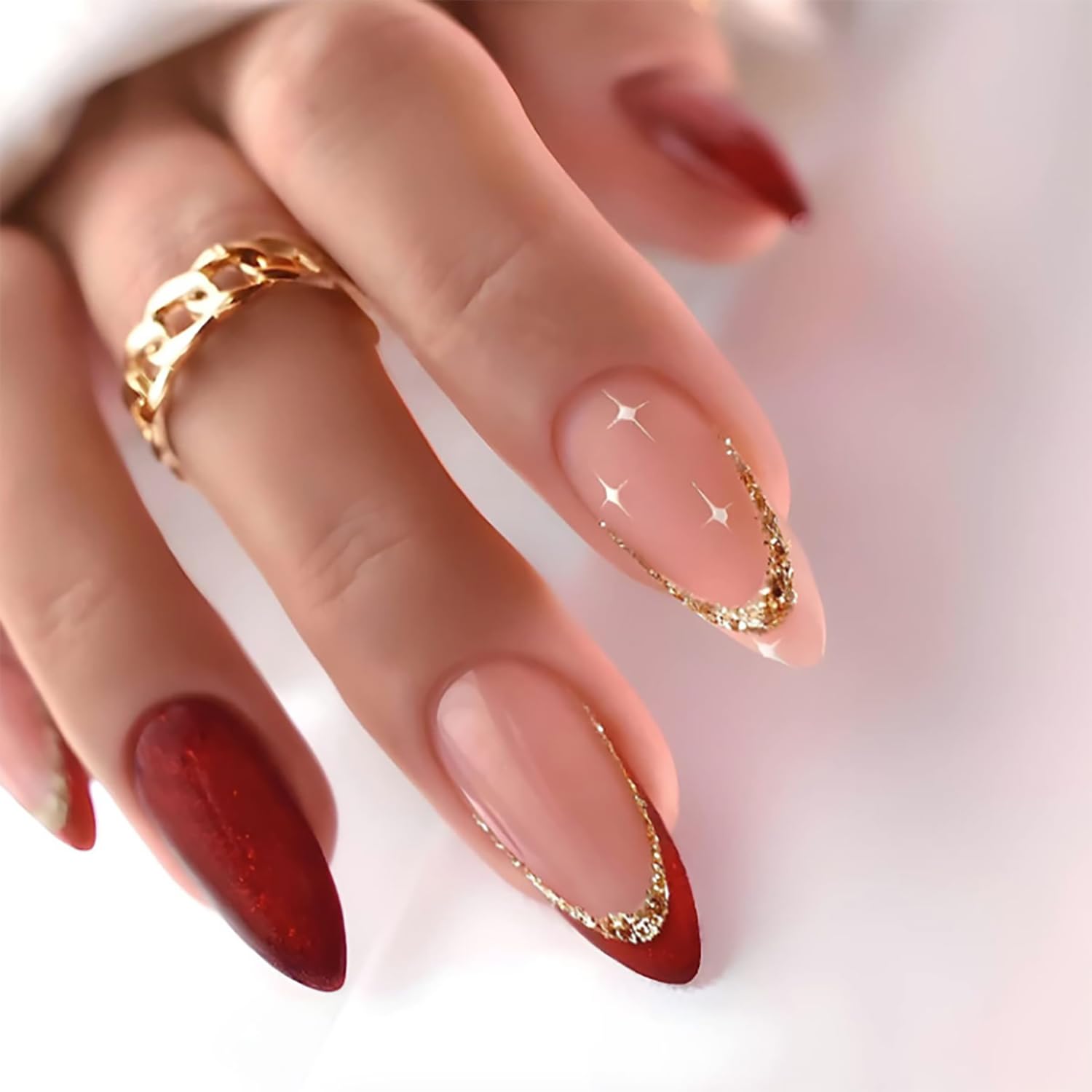 Press on Nails Tip Almond Medium Length, Artificial Fake Nails with Gold Sequins Design, Full Cover Reusable Coffin Shaped Glossy False Nails, Red French Acrylic Nails, Glue on Nails for Women Set