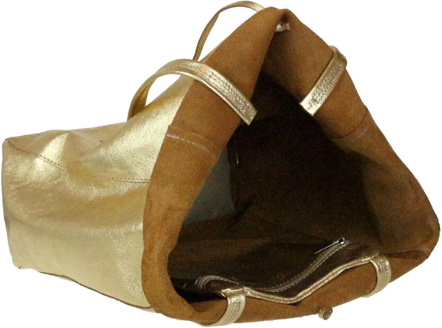 Girly Handbags Womens Open Top Genuine Leather Handbag - Metallic Gold - Image 5
